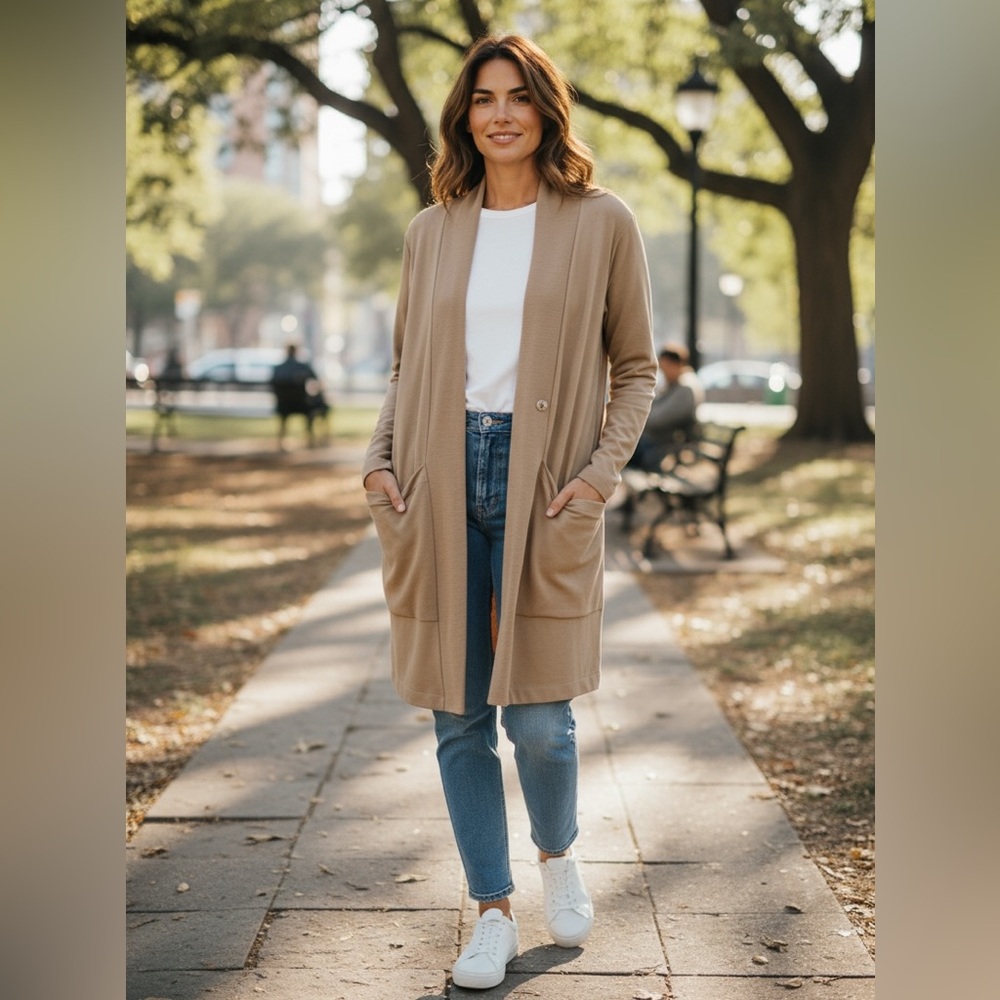 NWT Hanro Pure Comfort Long Cardigan in Tan  Size L